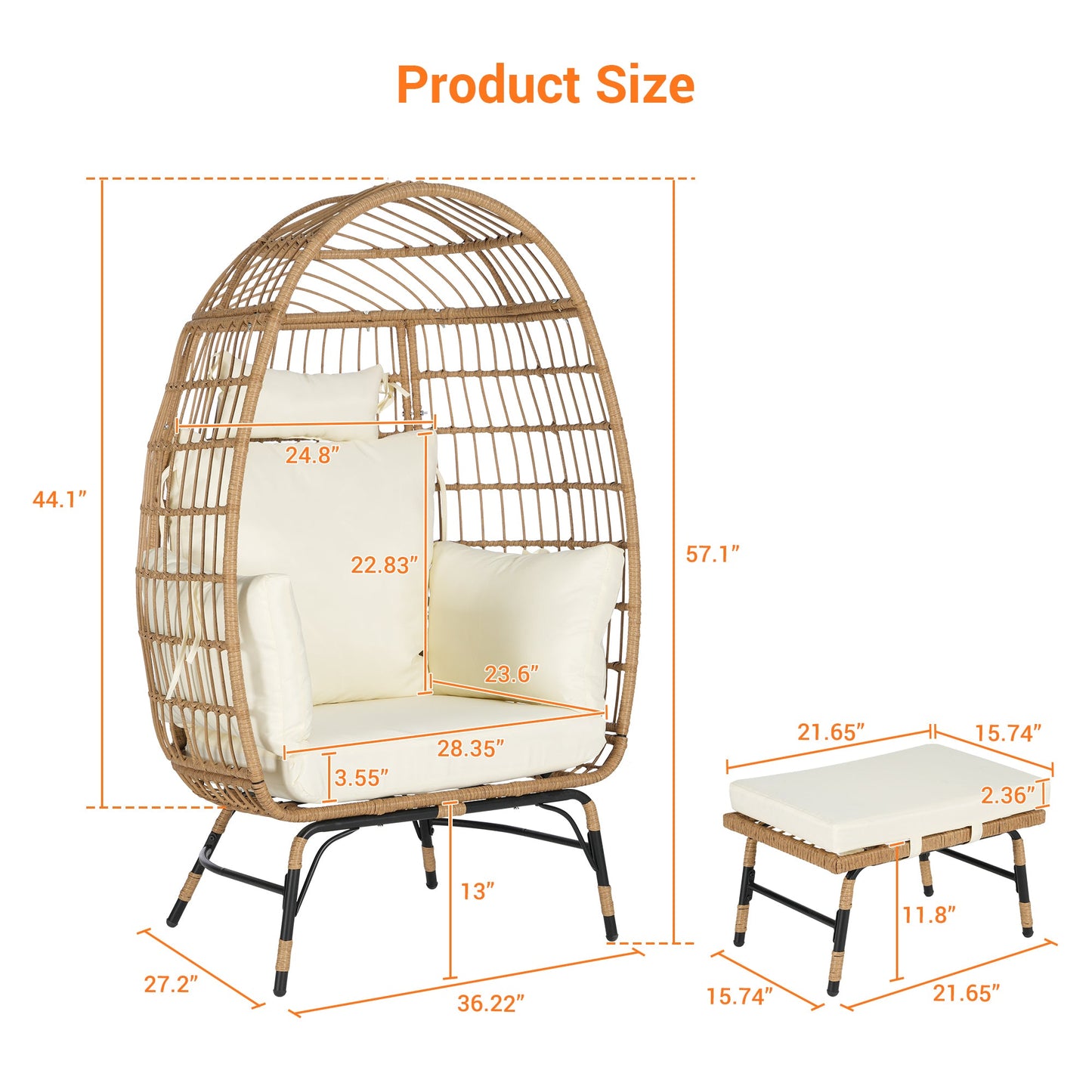 Costa Egg Chair – Oversized Wicker Outdoor Lounge Chair with Ottoman, Beige Cushions, Patio Furniture