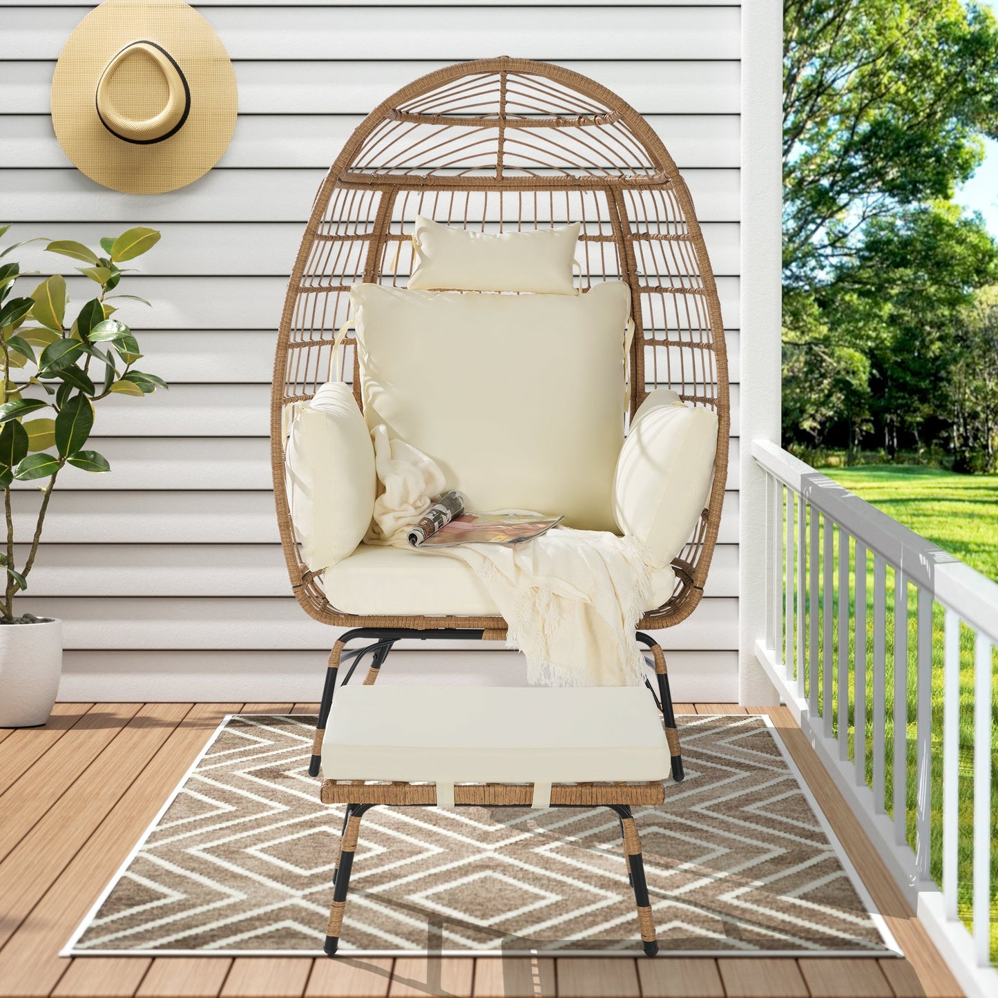 Costa Egg Chair – Oversized Wicker Outdoor Lounge Chair with Ottoman, Beige Cushions, Patio Furniture
