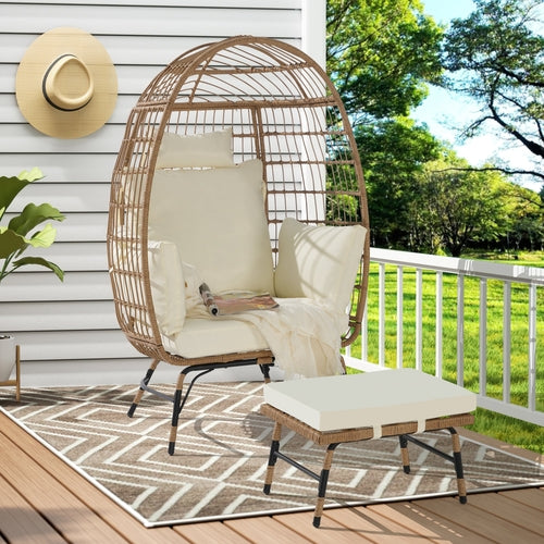 Costa Egg Chair – Oversized Wicker Outdoor Lounge Chair with Ottoman, Beige Cushions, Patio Furniture