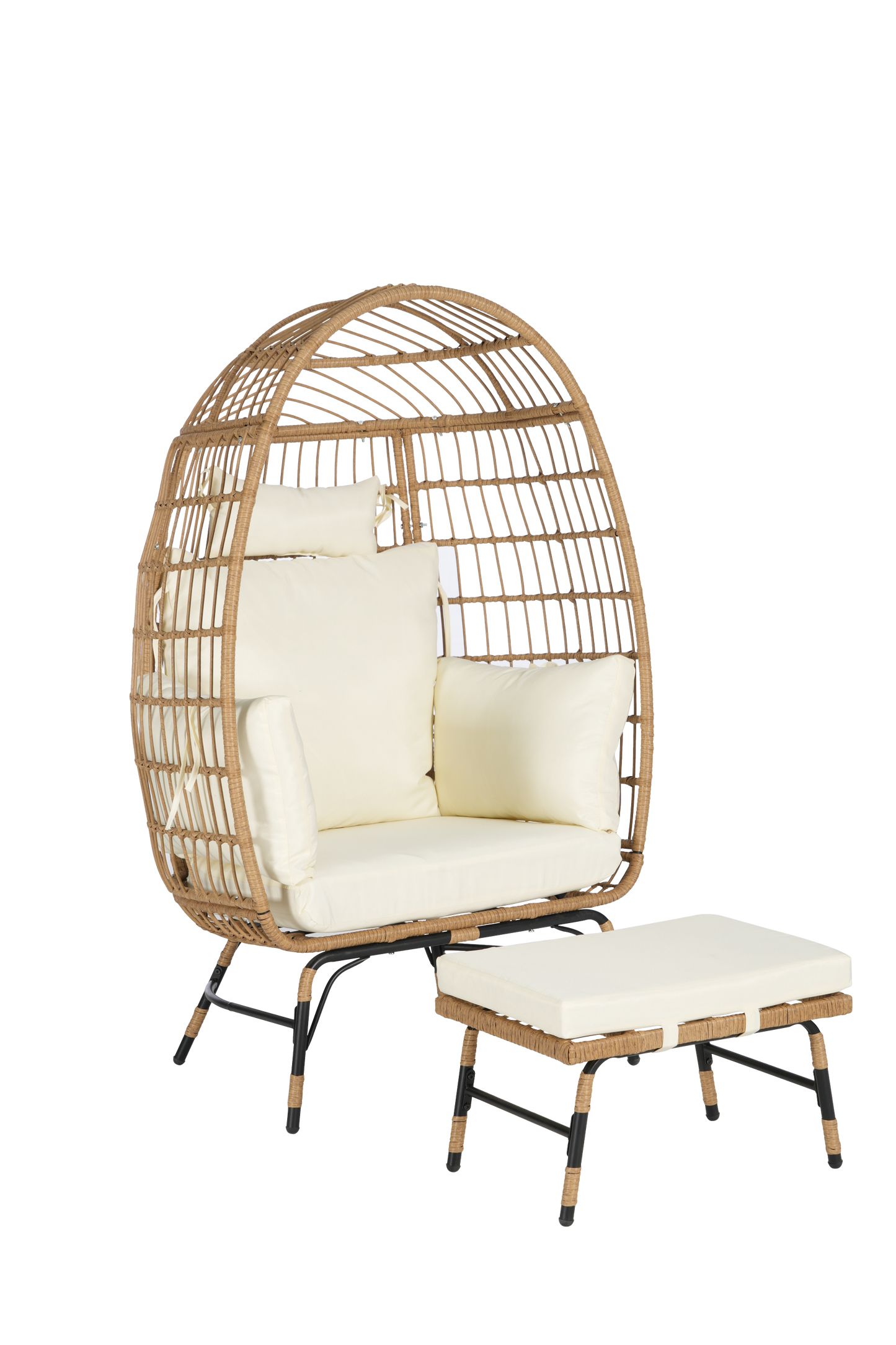 Costa Egg Chair – Oversized Wicker Outdoor Lounge Chair with Ottoman, Beige Cushions, Patio Furniture
