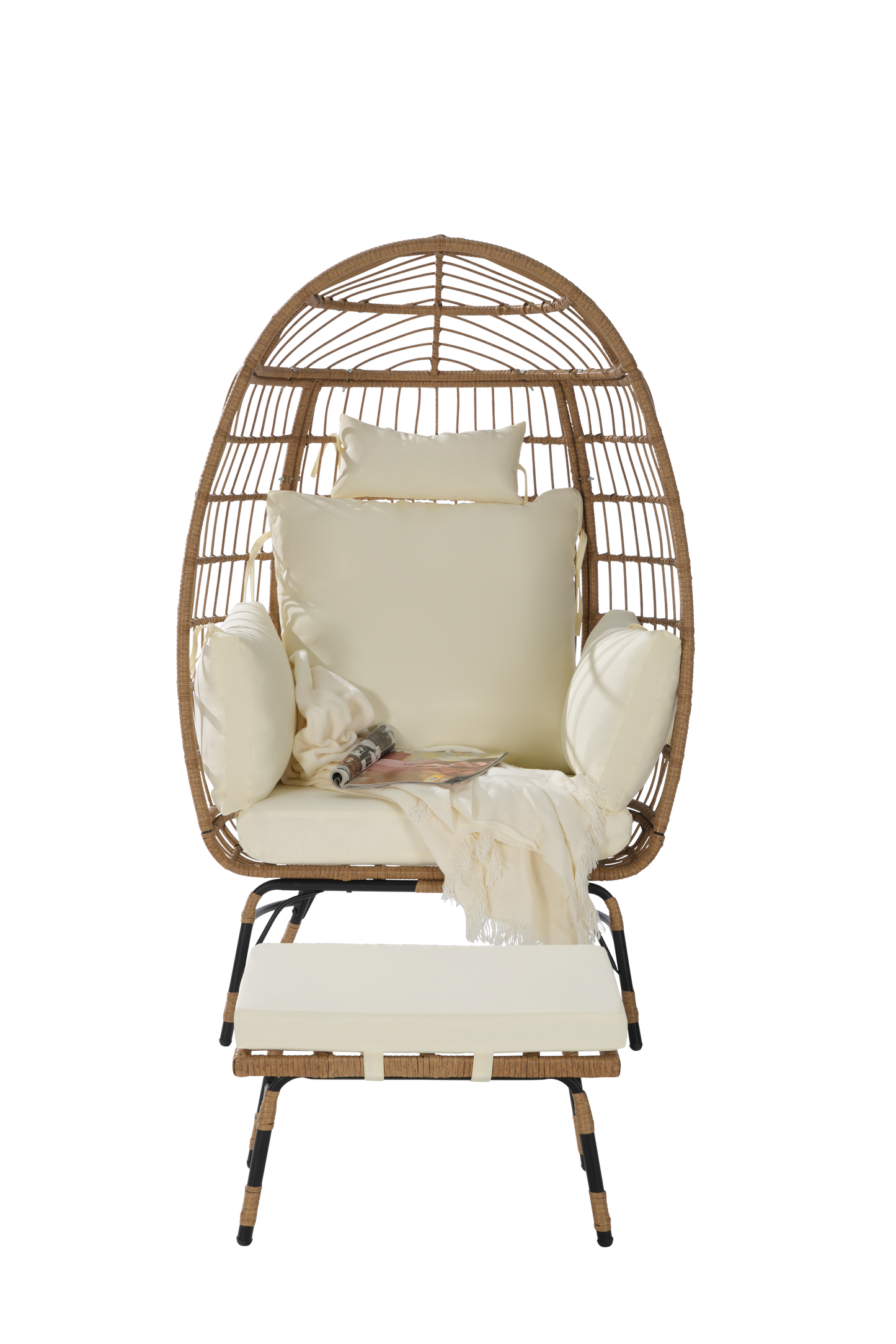Costa Egg Chair – Oversized Wicker Outdoor Lounge Chair with Ottoman, Beige Cushions, Patio Furniture