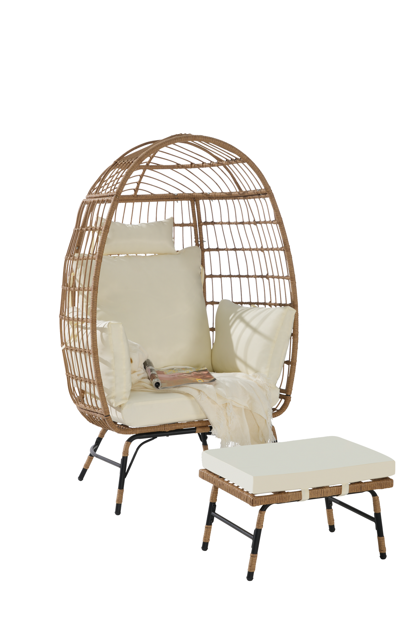 Costa Egg Chair – Oversized Wicker Outdoor Lounge Chair with Ottoman, Beige Cushions, Patio Furniture