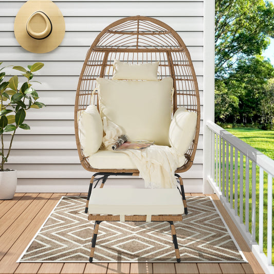 Costa Egg Chair – Oversized Wicker Outdoor Lounge Chair with Ottoman, Beige Cushions, Patio Furniture