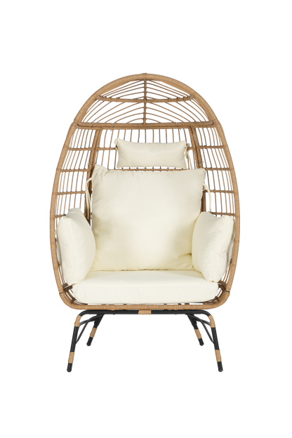 Costa Egg Chair – Oversized Wicker Outdoor Lounge Chair with Ottoman, Beige Cushions, Patio Furniture