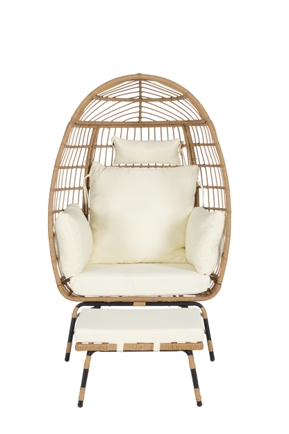Costa Egg Chair – Oversized Wicker Outdoor Lounge Chair with Ottoman, Beige Cushions, Patio Furniture