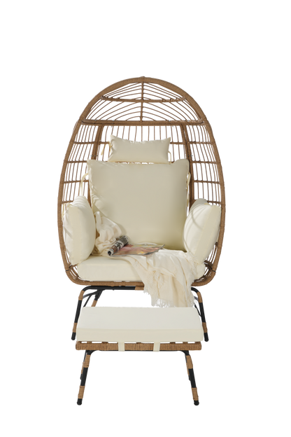 Costa Egg Chair – Oversized Wicker Outdoor Lounge Chair with Ottoman, Beige Cushions, Patio Furniture