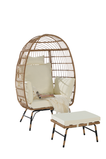 Costa Egg Chair – Oversized Wicker Outdoor Lounge Chair with Ottoman, Beige Cushions, Patio Furniture